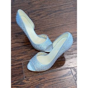 Nine West Dragonia Open Toe High Heel Shoe Size 8M Silver Daisy Floral Pattern